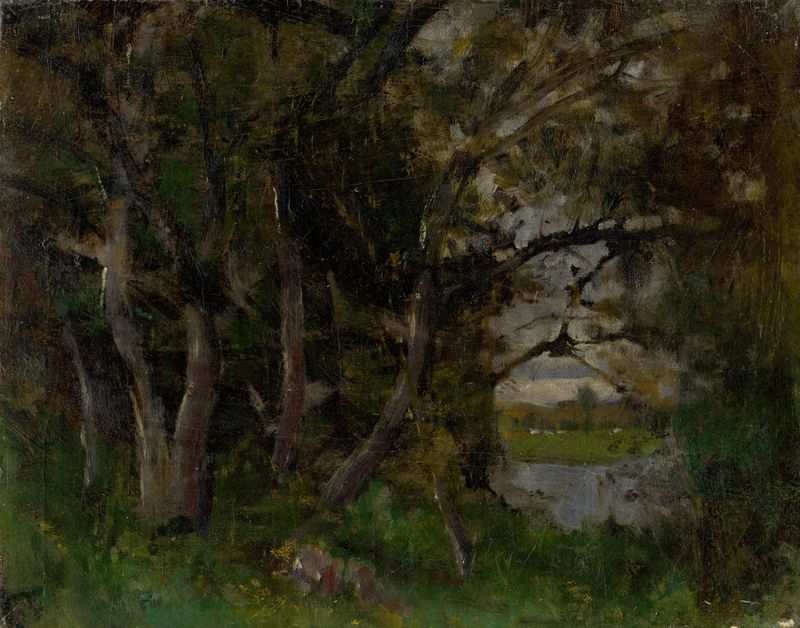 Early Evening Motif in a Park in Strážky de Ladislav Mednyánszky, óleo sobre tela que retrata uma cena de parque.