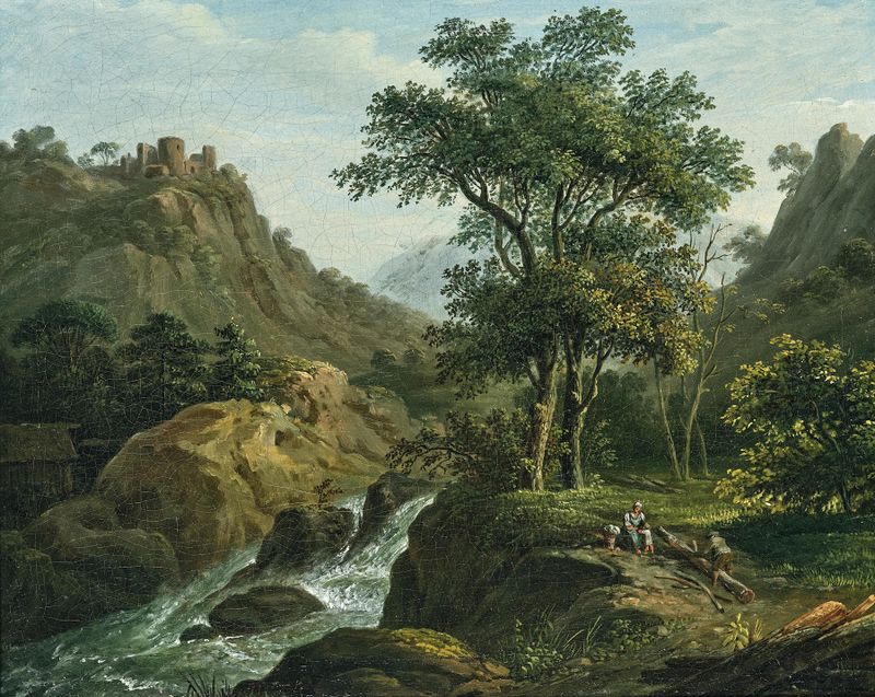 Lenhadores à beira de um rio, óleo sobre tela de Matthias Rudolf Toma