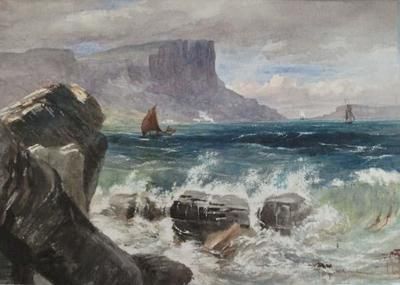 Acuarela de Ebenezer Crawford que representa el mar chocando contra las rocas.