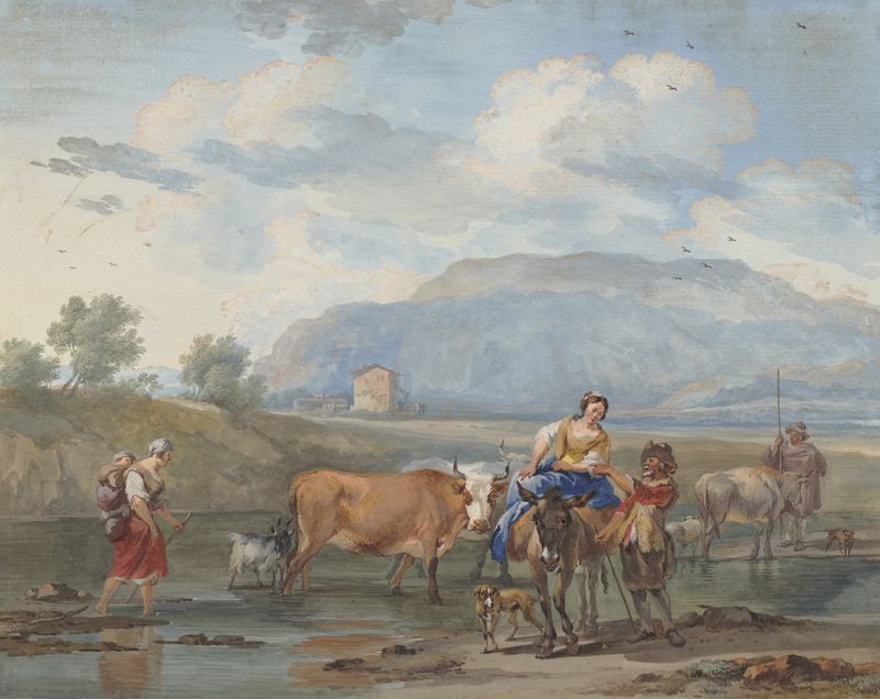 Genre scene with cattle, a woman carrying a child, and a donkey by Aert Schouman, oil painting