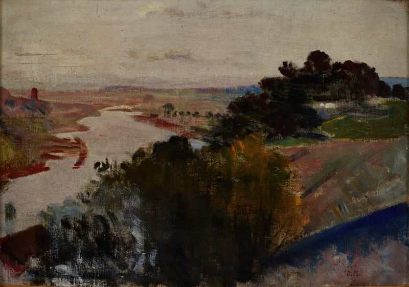 Paisaje en el Vístula, óleo sobre lienzo de Jacek Malczewski, con un río y un cielo texturizado.