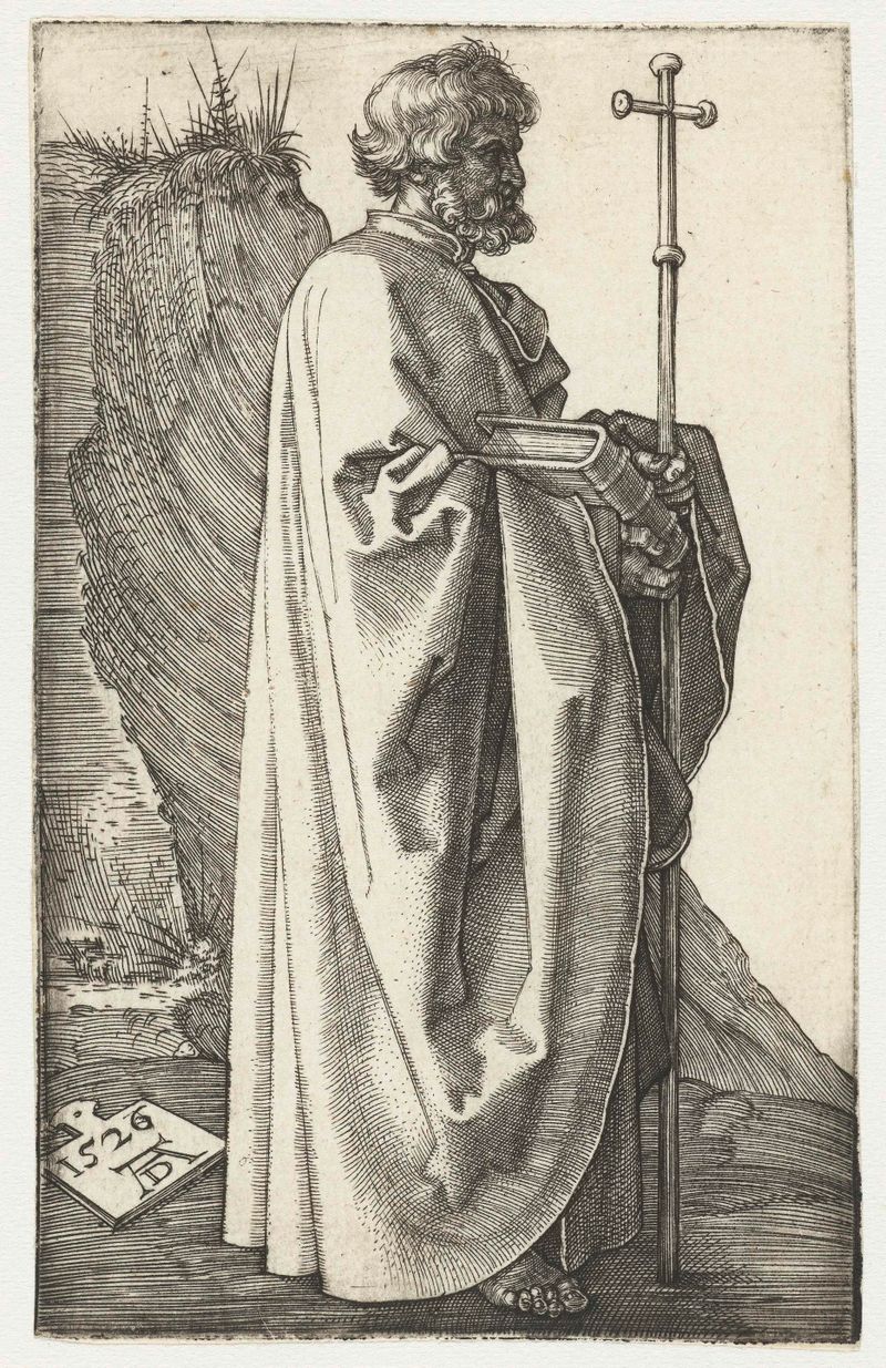 Gravura de Albrecht Dürer representando o apóstolo Filipe com características expressivas.