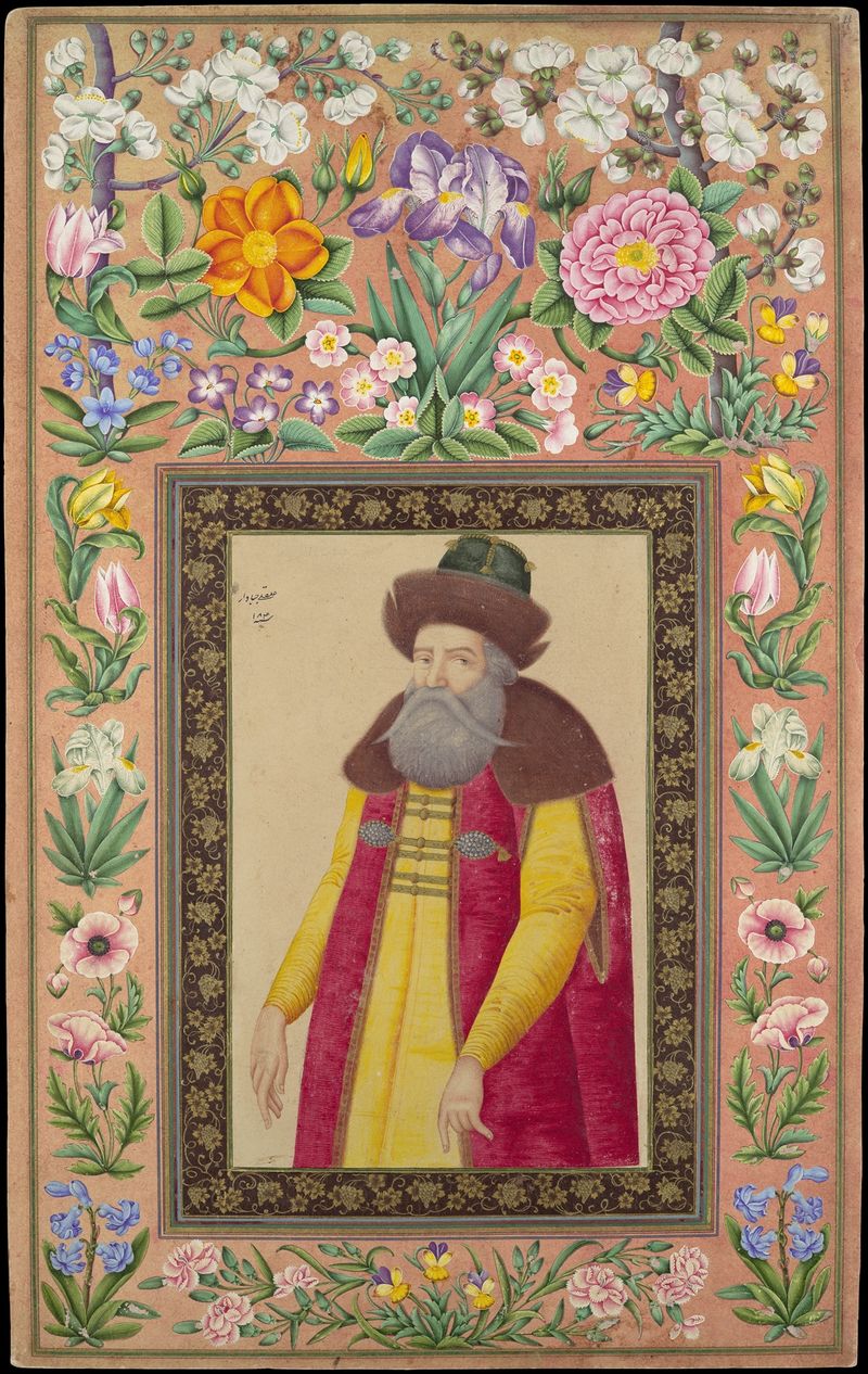 Portrait of the Russian Ambassador by Ali Quli Jabbadar, gold medium, featuring intricate facial expressions.