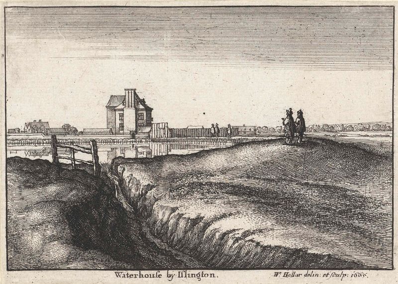 Gravura de Wenceslaus Hollar representando uma paisagem com uma ponte e reflexos no rio
