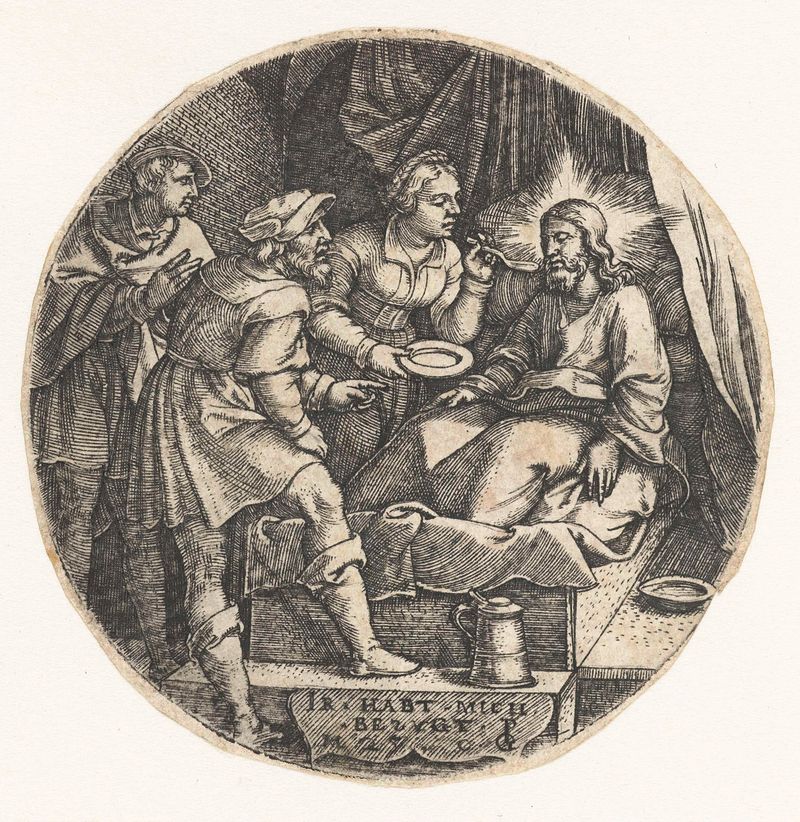 Gravura de Georg Pencz retratando Cristo em uma cama doente recebendo visitantes.
