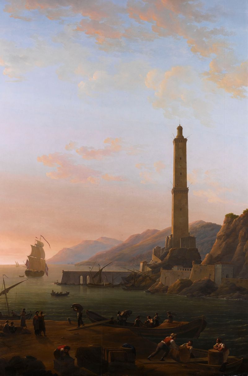Marine scene with a lighthouse by Jean-Joseph-Xavier Bidauld, oil painting