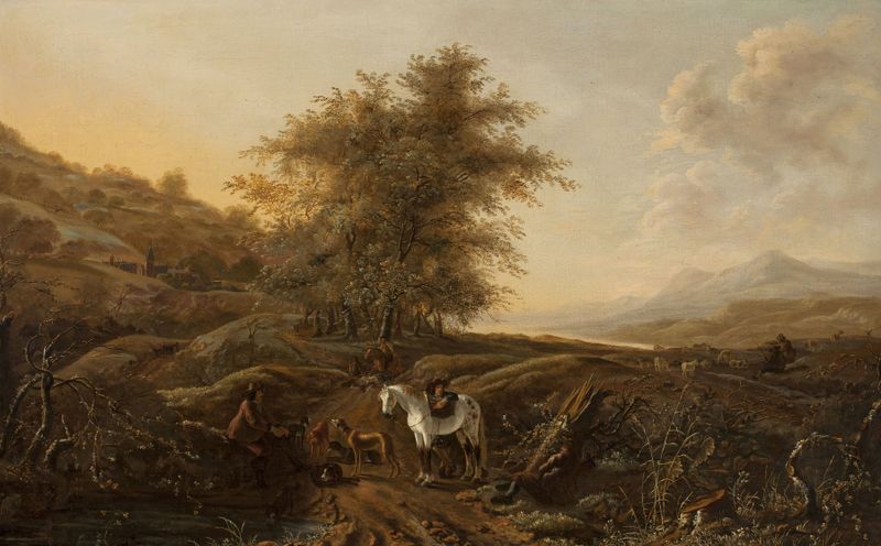 Landscape with hunters, oil on canvas by Dirk Stoop