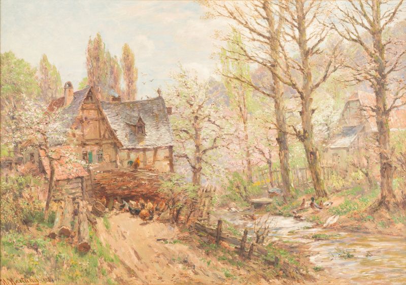 Farmstead in Spring by Heinrich Hartung, oil painting depicting a tranquil spring landscape.