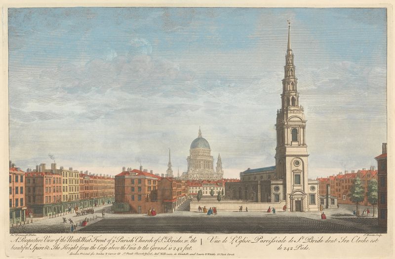 Grabado de Thomas Bowles III del frente noroeste de la iglesia de St. Brides