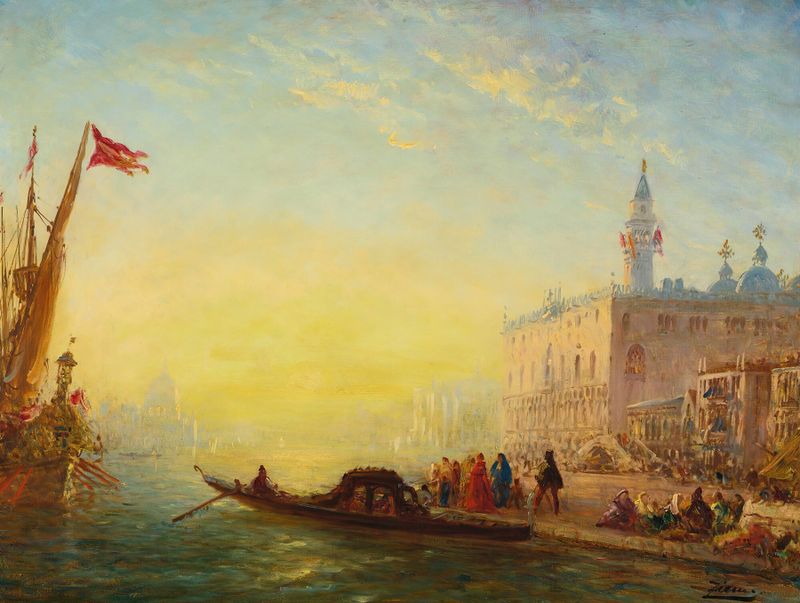 La Gondole, Quai Des Esclavons de Félix Ziem, óleo sobre tela representando uma gôndola na água