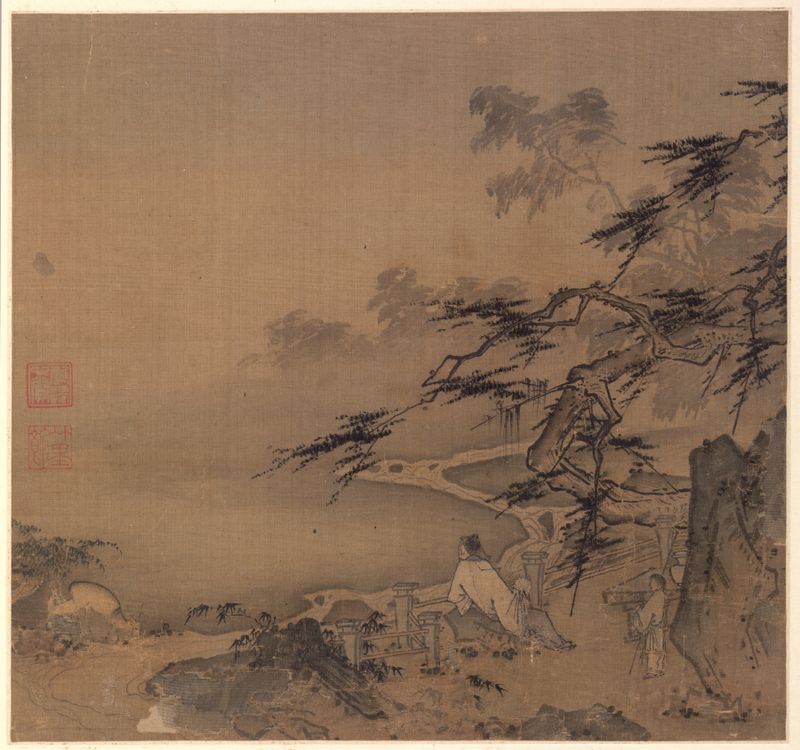 Chinese Traditional ink painting by Ma Yuan depicting a deer by a stream with pine trees.