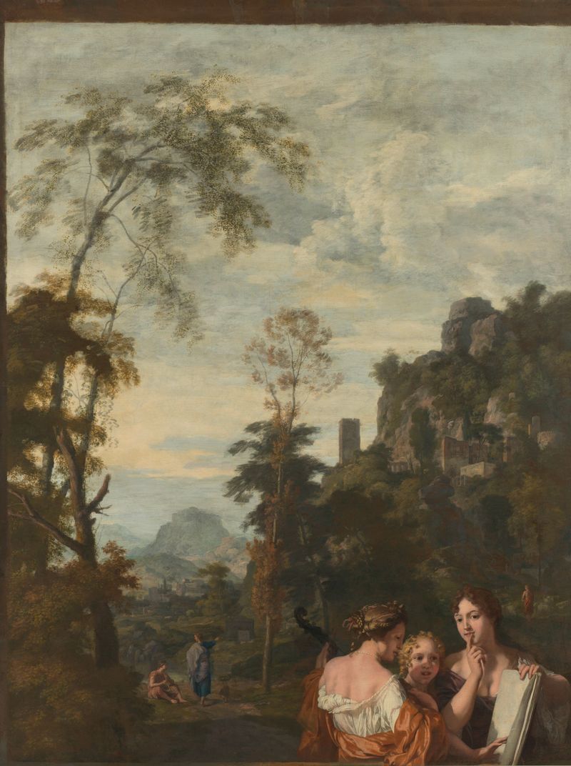 Italian landscape with three women making music, oil on canvas by Gerard de Lairesse