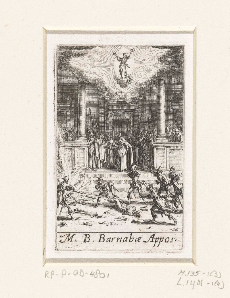 Het martelaarschap van Barnabas, grabado de Jacques Callot, que muestra a Barnabas rodeado de una multitud.