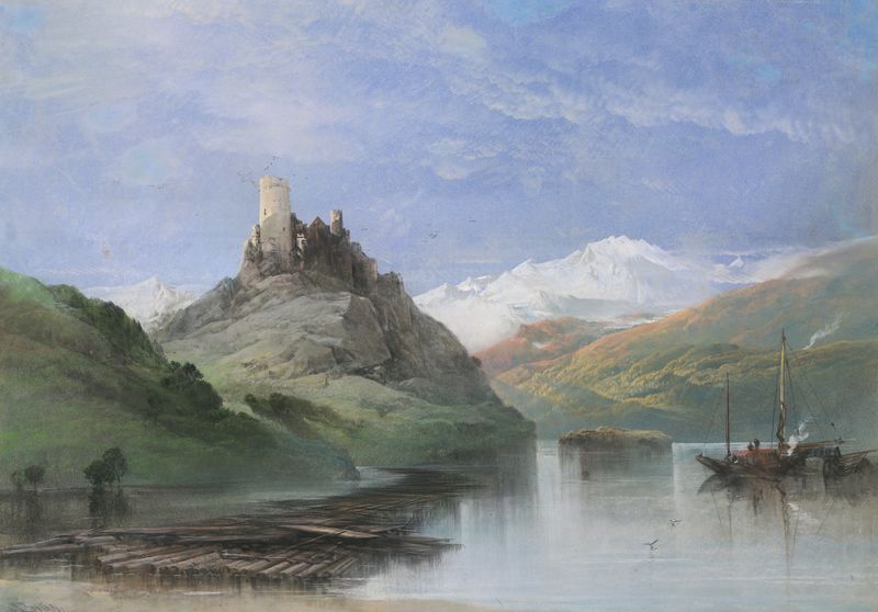 Ruined castle beside the Rhine river, oil on canvas by Henry Bright
