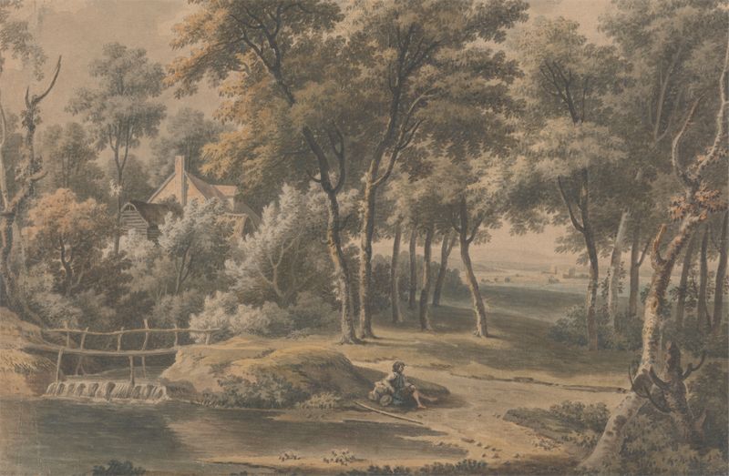A Woody Landscape by George Lambert, oil painting depicting a forest with sunlight filtering through trees.