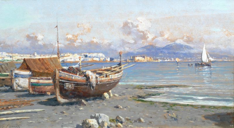 The Bay of Naples by Giuseppe Carelli, oil on canvas, depicting a serene coastal landscape with azure water.