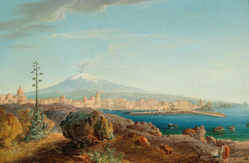 Paisagem da Baía de Catania com o Monte Etna, pintura a óleo de Letterio Subba
