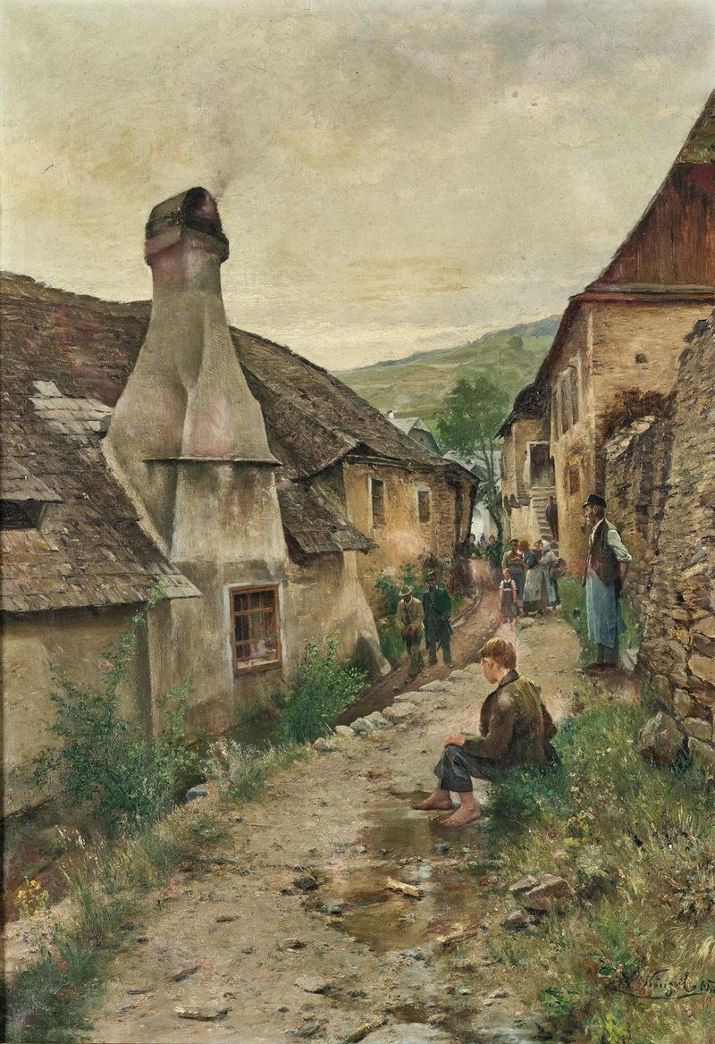Uma estrada de vila em Radelbach, óleo sobre tela de Josef Kinzel