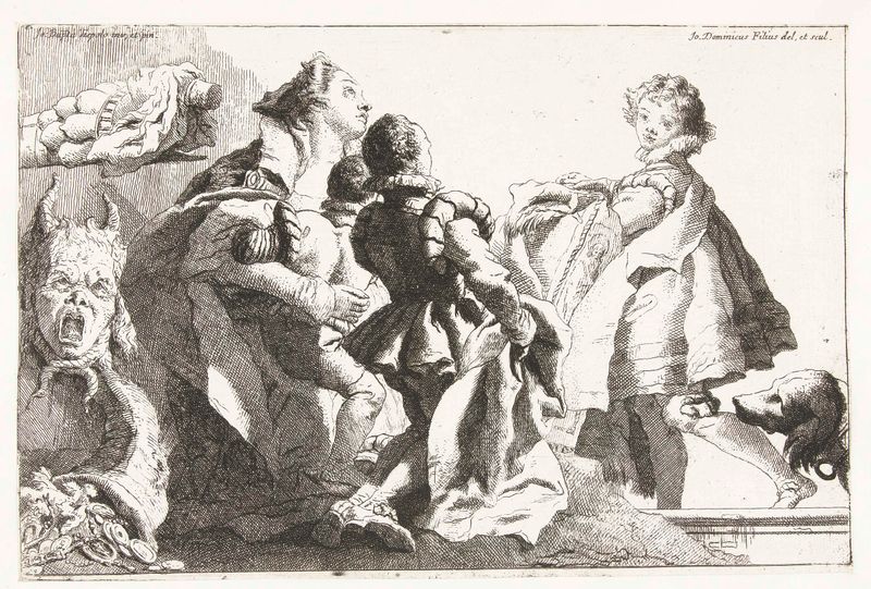 Grabado de Giovanni Domenico Tiepolo que representa a una madre con sus tres hijos.