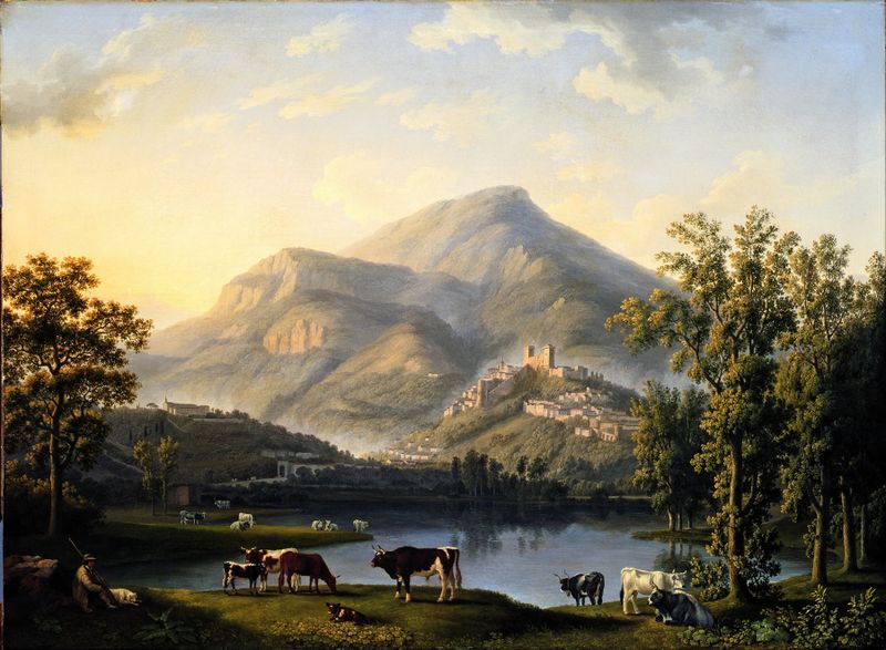 Veduta d’Itri by Jacob Philipp Hackert, oil on canvas, depicting hills under a blue sky