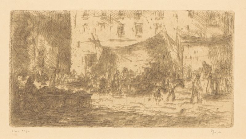 Piazza de Montanara, oil on canvas by Etienne Bosch, depicting figures in warm light.