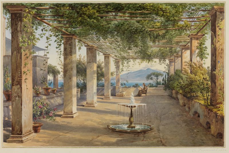 Laubengang der Villa Cucumella in Sorrent by Carl Ludwig Frommel, oil painting depicting a tranquil villa.