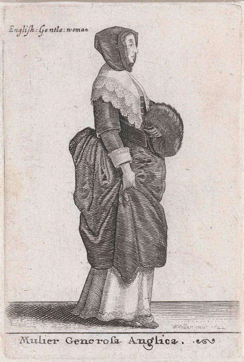 Etching of a dignified woman in a gown by Wenceslaus Hollar, 1642