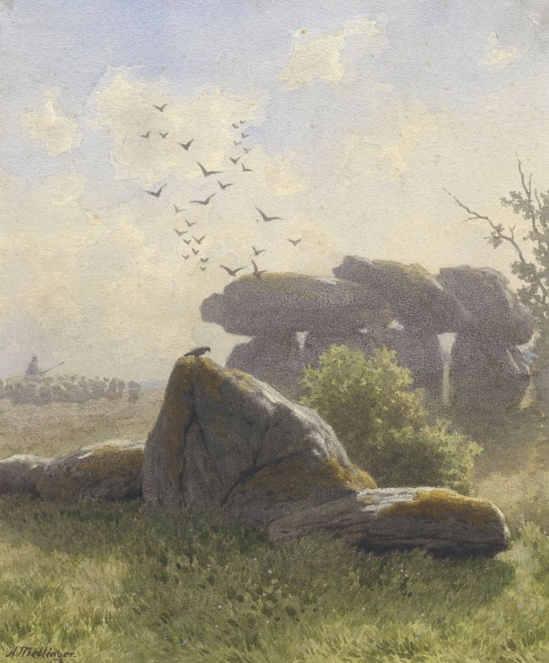 Hunebed de Alexander Mollinger, que representa piedras antiguas en un paisaje.