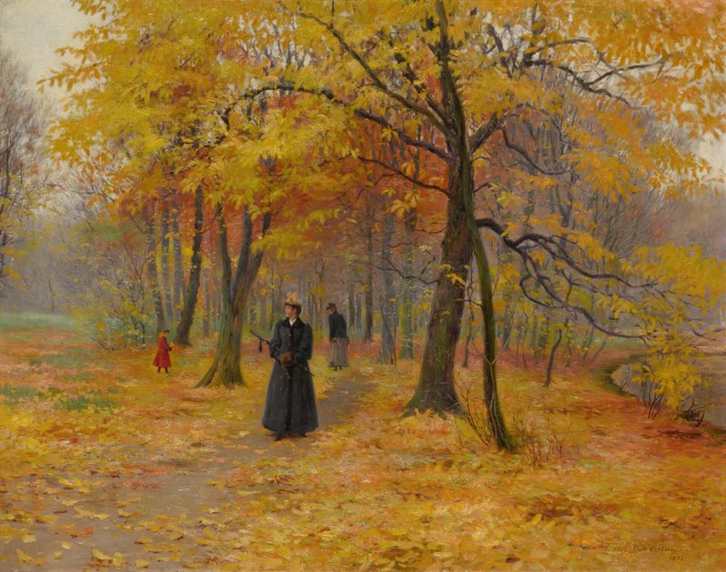 A Forest Walk in Autumn by Carl Carlsen, oil painting depicting a forest path with autumn leaves.