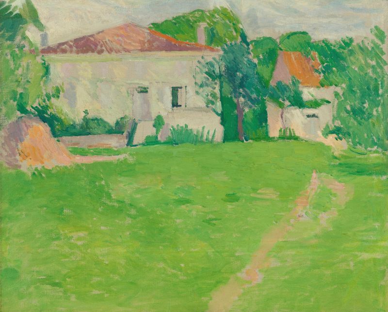 Landscape de Patrick Henry Bruce, óleo sobre tela, apresentando árvores e um céu suave