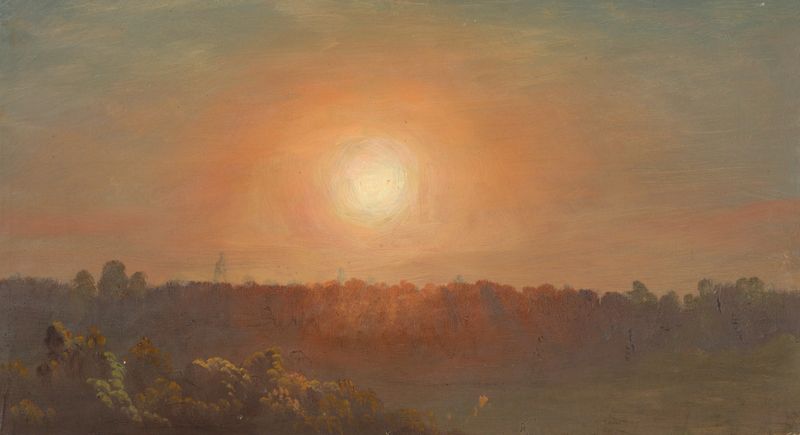 Landscape at sunset, óleo de Frederic Edwin Church, con un cálido cielo crepuscular y aguas tranquilas.