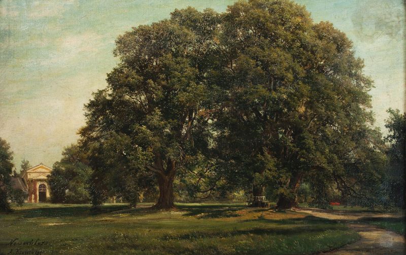 Zámecký park v Zahrádkáchs by Alois Kirnig, oil on canvas, depicting a tranquil park with trees and dappled light.