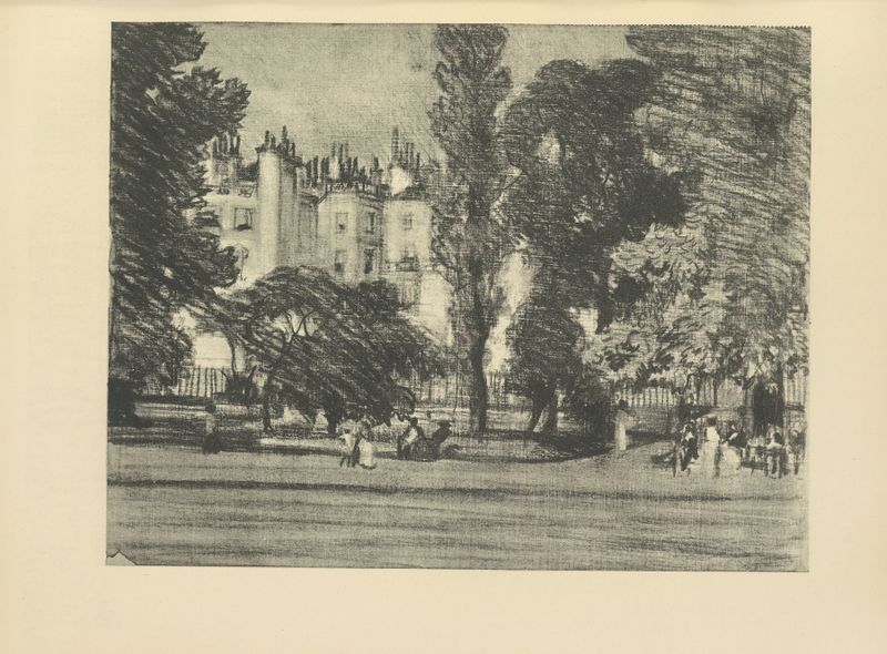 Tinta sobre papel de Joseph Pennell retratando uma paisagem de Paris com luz suave.
