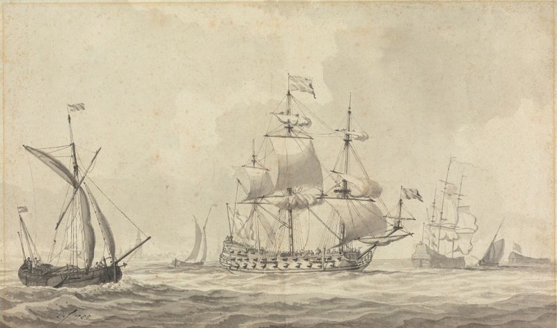 Oil painting by Dominic Serres of warships in a stiff breeze off the Dutch coast.