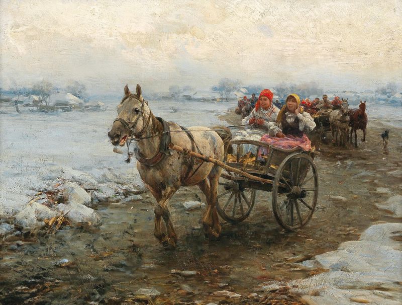 The Coach Journey by Alfred von Wierusz-Kowalski, oil painting depicting a coach and horses in a dramatic landscape.