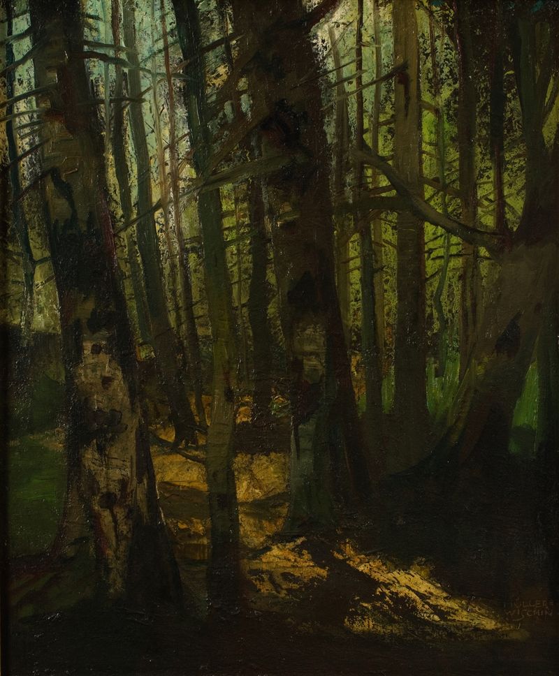 Waldlichtung by Anton Müller-Wischin, oil painting depicting a forest clearing with golden light and wildflowers.