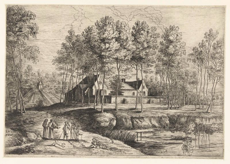 Etching by Lucas van Uden depicting a cloister with architectural forms