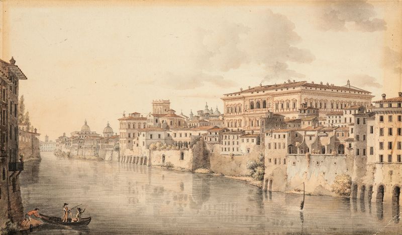 Le Palais Farnèse vu depuis les quais du Tibre à Rome de Victor-Jean Nicolle, pintura a óleo