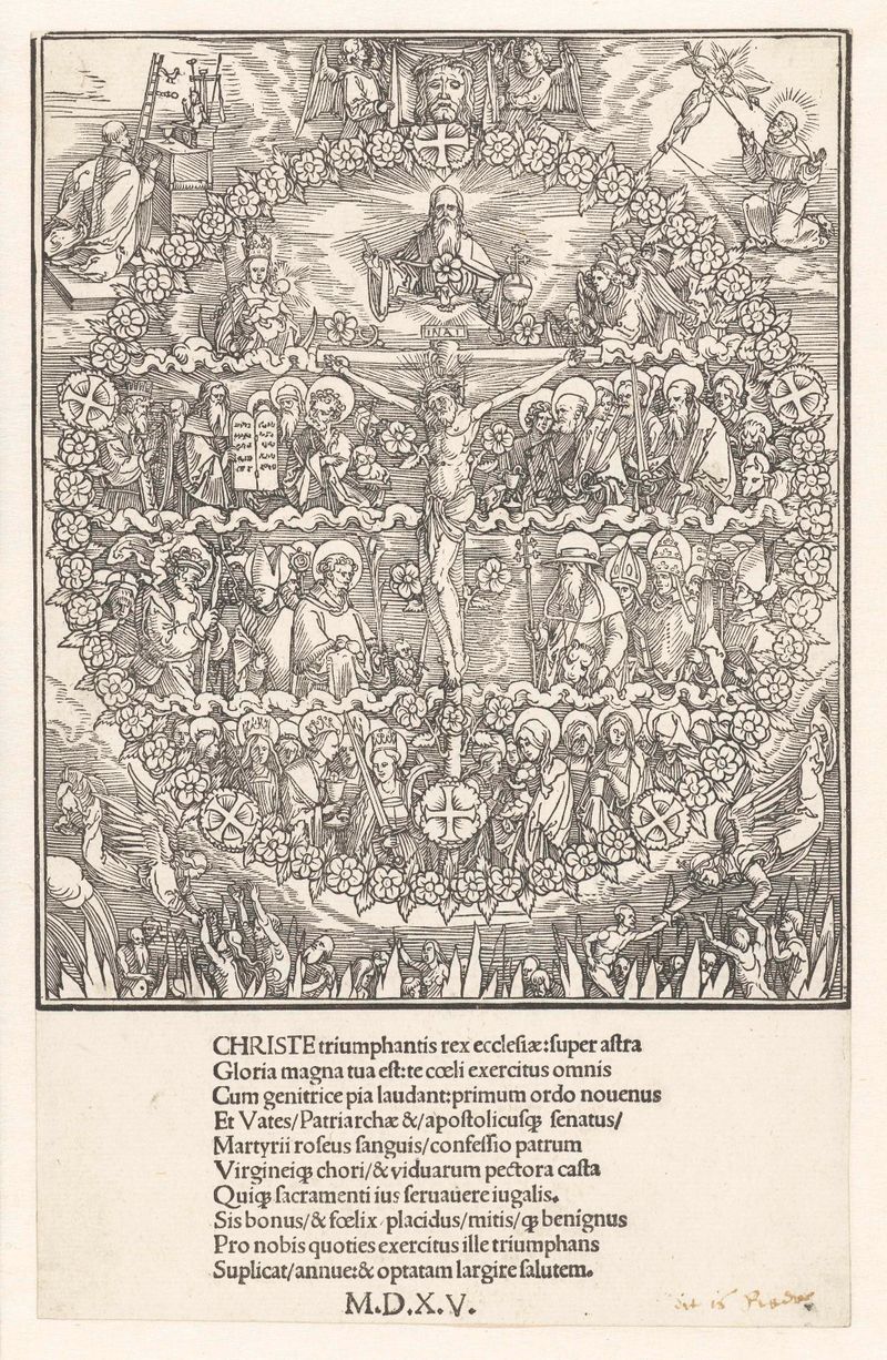 Grabado de Albrecht Dürer que representa a Cristo con un rosario, iluminado por luz suave.