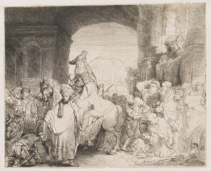 Gravura de Rembrandt van Rijn mostrando uma figura régia com um pergaminho cercada por uma multidão.