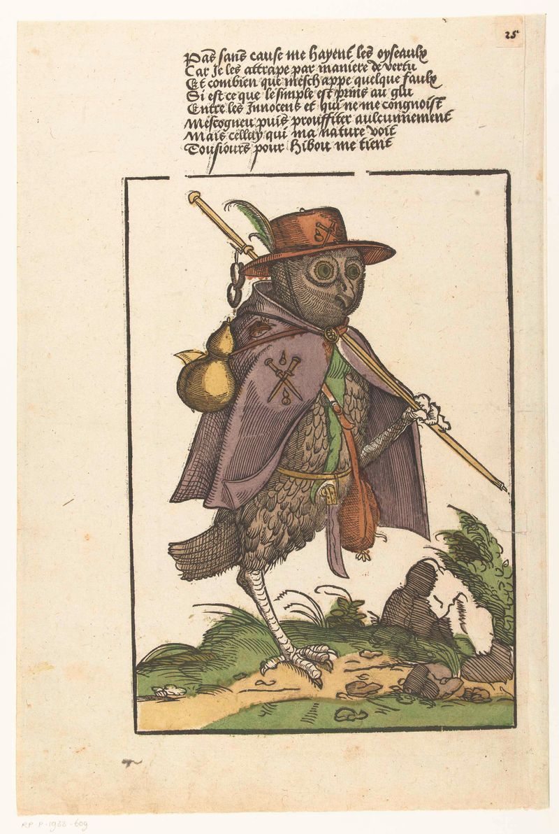 Grabado de Monogrammist MH que representa a un peregrino adornado con elaboradas vestiduras