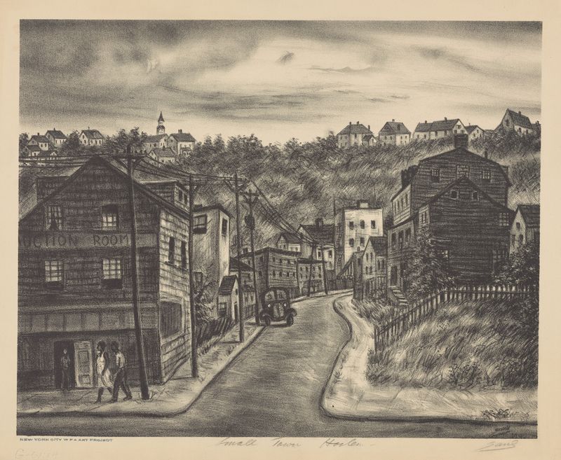 Paisagem de uma cena de rua em Small Town Harlem de Saul Kovner, óleo sobre tela