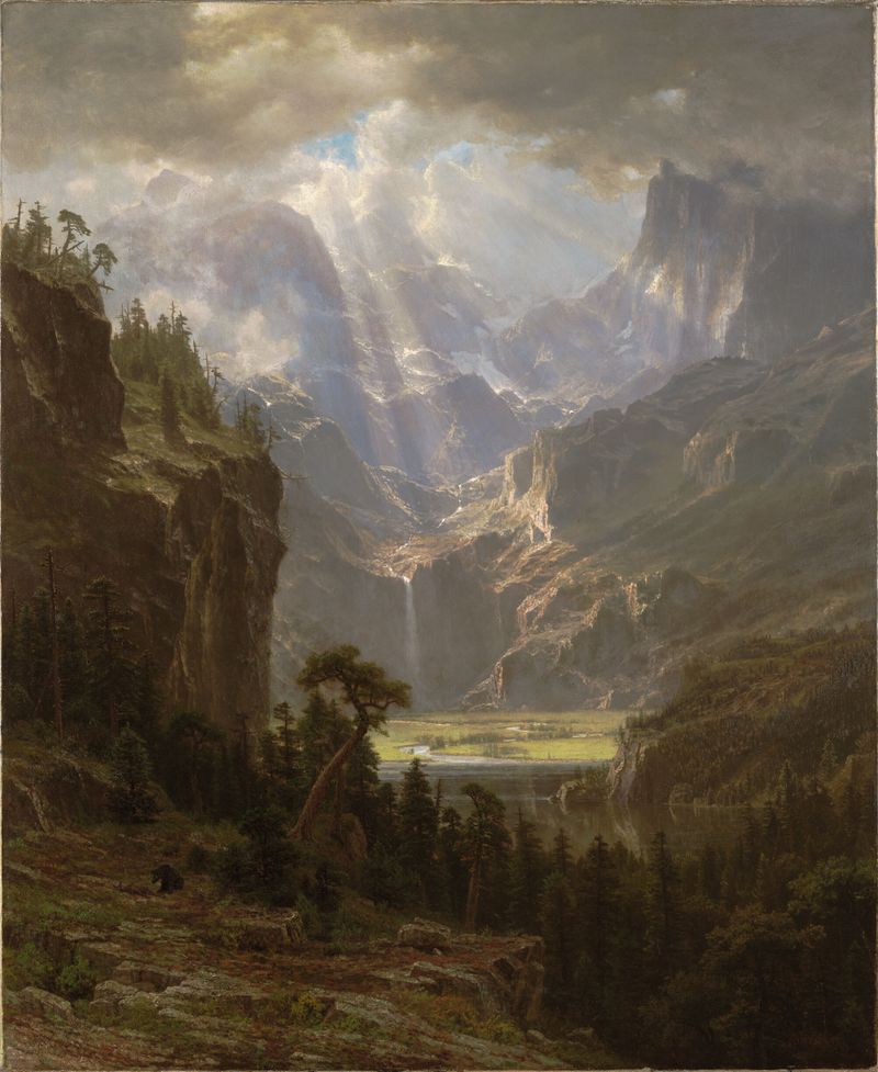Linen painting by Albert Bierstadt depicting Rocky Mountains, 'Lander's Peak' at sunset over a lake.