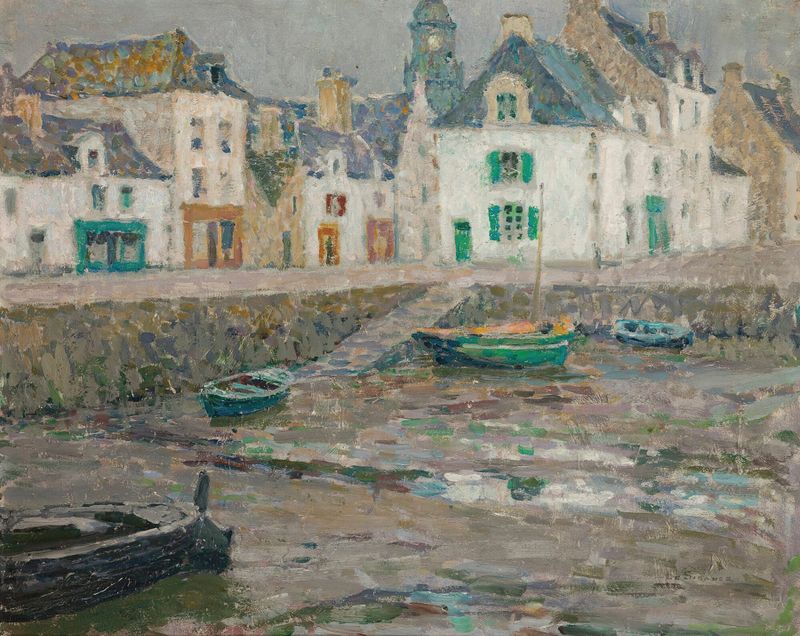 Les Maisons Des Marins, an oil painting by Henri Le Sidaner depicting a seaside village.