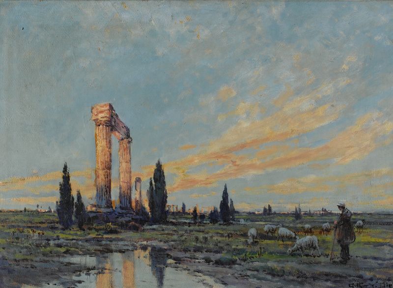 Ruins at dawn de Arthur Vidal Diehl, pintura al óleo que muestra columnas desgastadas en suave luz del amanecer.