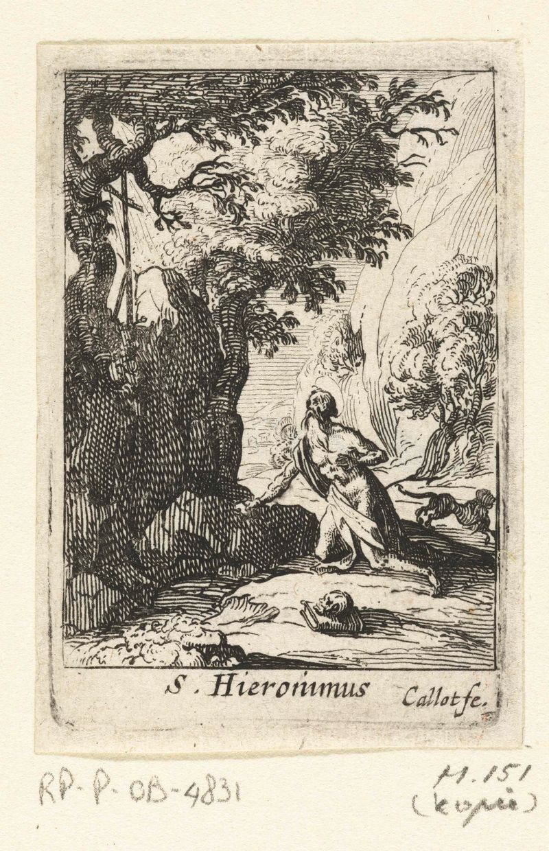 De boetvaardige Hiëronymus gravura de Unknown Artist, retratando uma figura em tons sombrios.