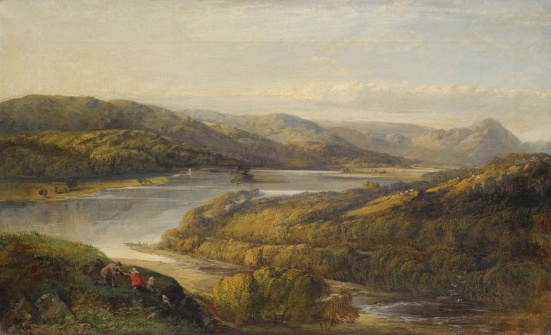 View Of Grasmere Lake, óleo sobre tela de John Glover, com colinas e luz natural.