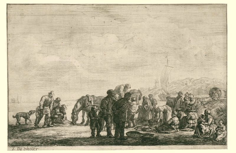 Drypoint by Simon de Vlieger depicting fishermen on the beach