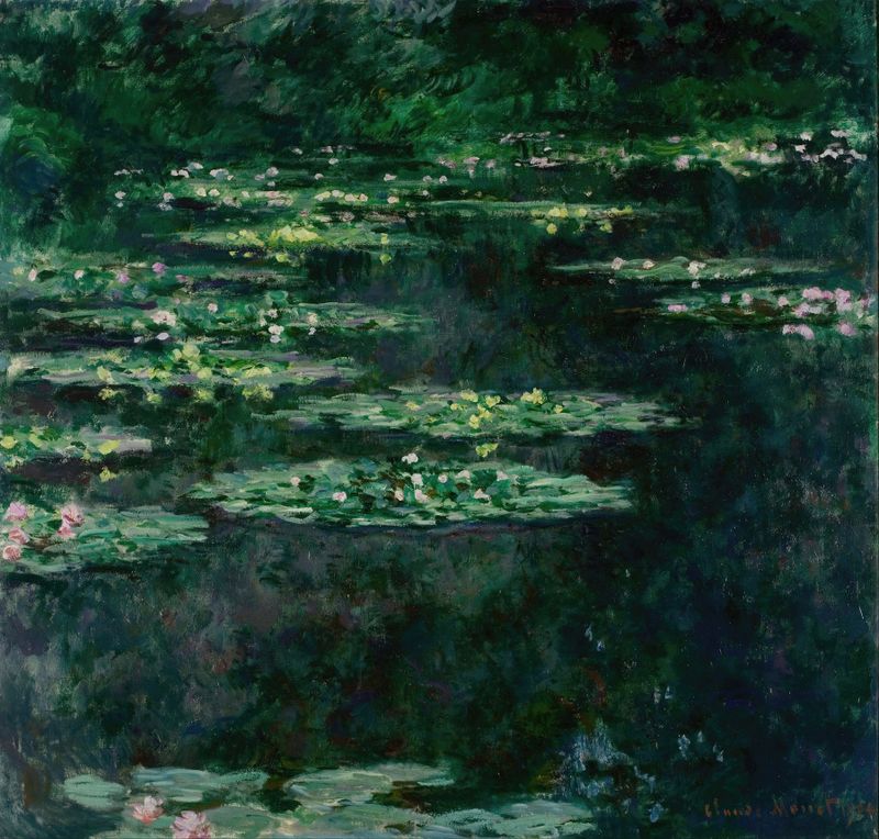 Waterlilies by Claude Monet, oil painting depicting vibrant flowers on still water