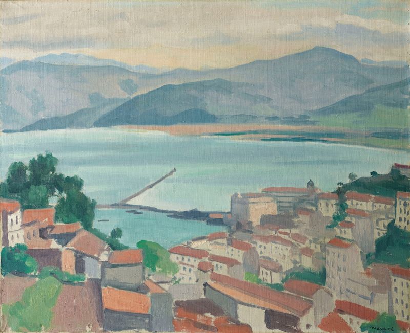 Paisaje de una ciudad con un cielo luminoso y agua tranquila, pintura al óleo de Albert Marquet.